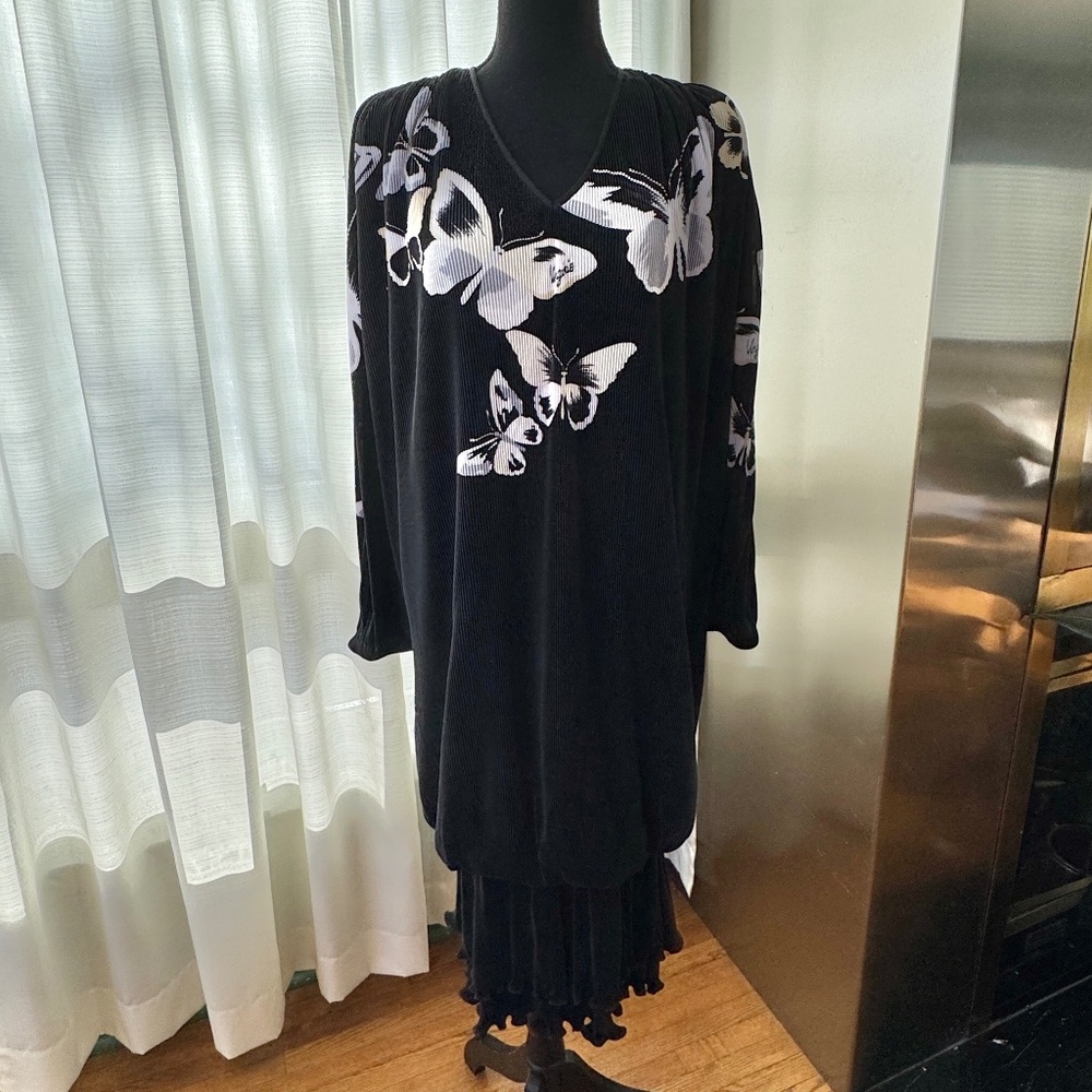 Vintage 80s drop waist dress, black, ribbed, butterflies, modern size 12/14 (L)